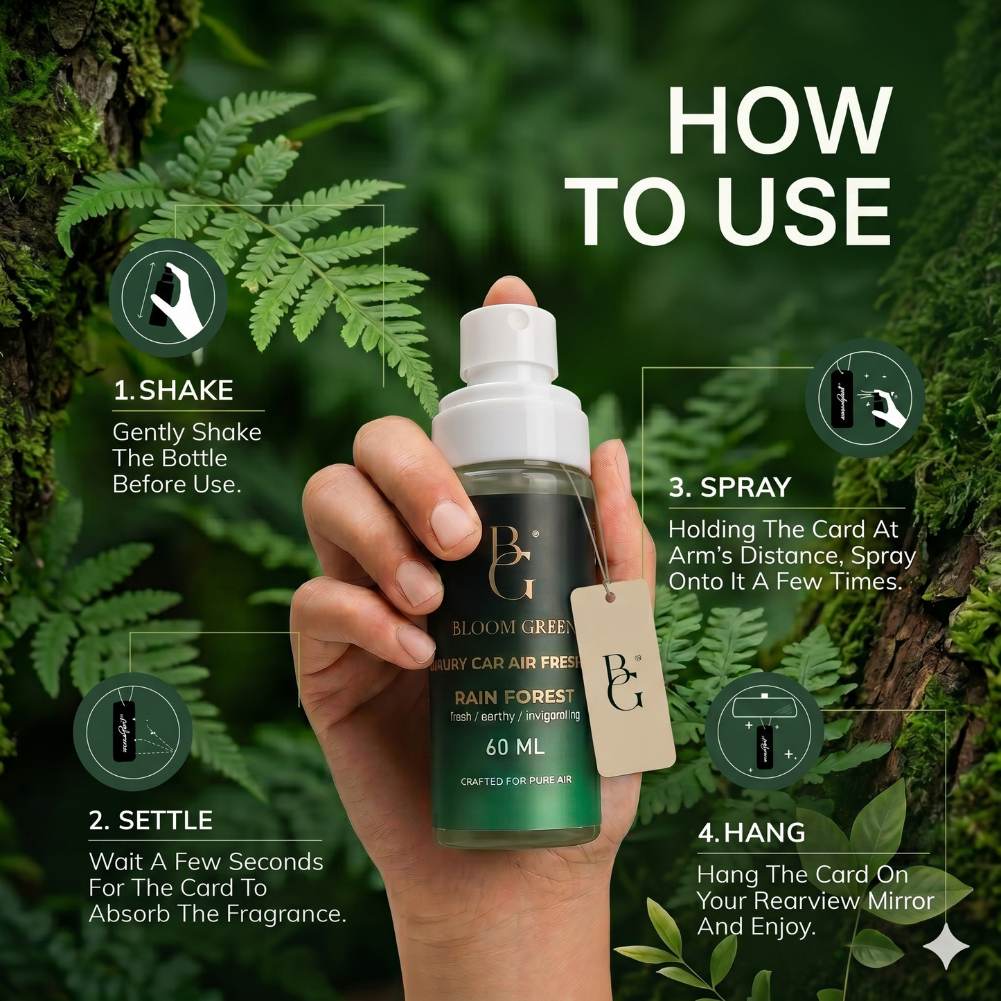 Rain Forest Car Spray 60ml – Fresh Aqua Woody Car Perfume Spray | Long Lasting Luxury Car Air Freshener by Bloom Green