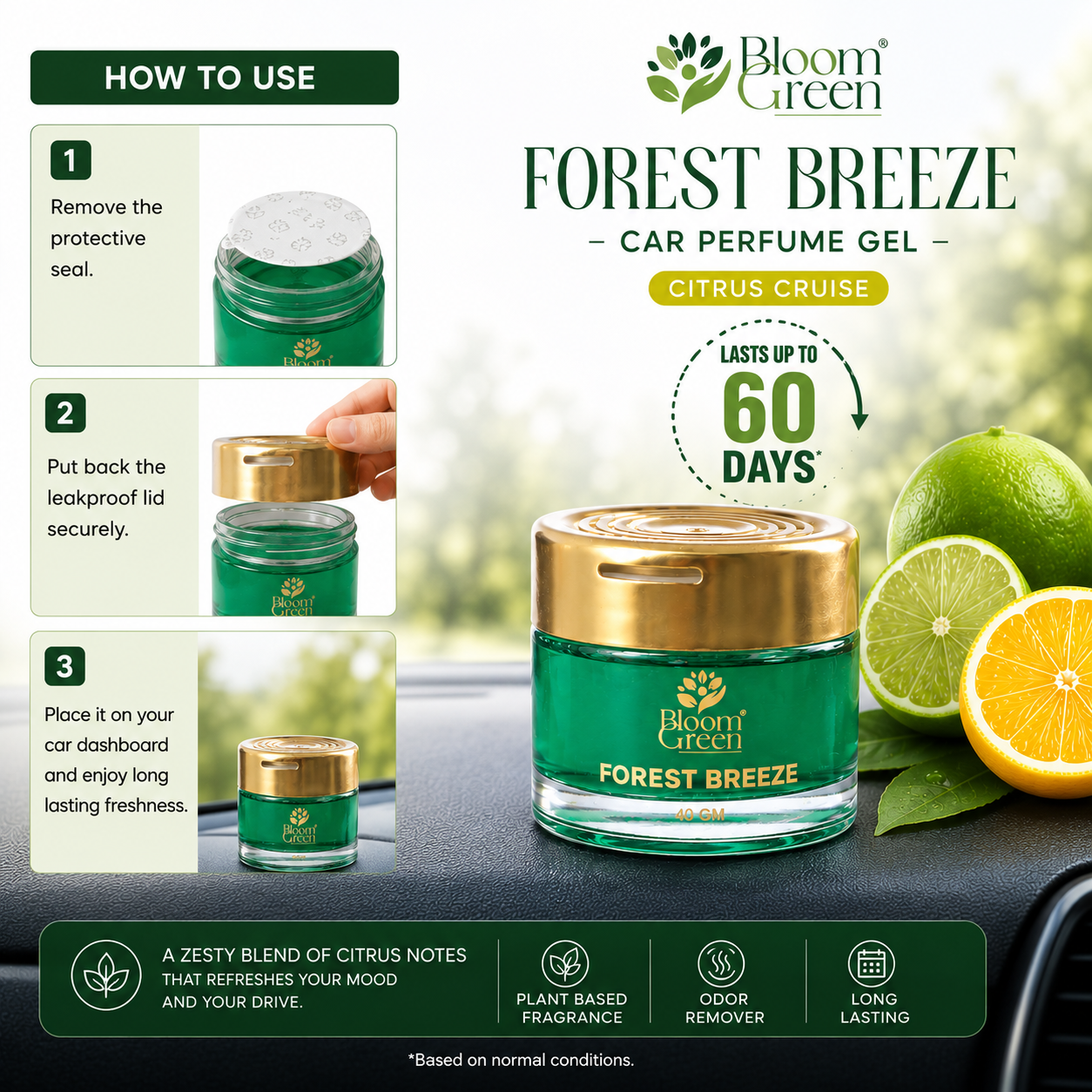 Forest Breeze Car Gel Freshener 40gm – Natural Woody Car Perfume Gel | Long Lasting Fresh Forest Dashboard Air Freshener by Bloom Green