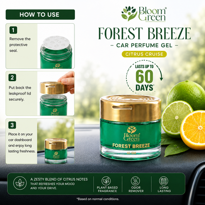 Forest Breeze Car Gel Freshener 40gm – Natural Woody Car Perfume Gel | Long Lasting Fresh Forest Dashboard Air Freshener by Bloom Green