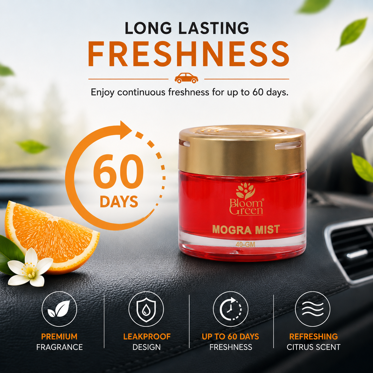Mogra Mist Car Gel Freshener 40gm – Natural Floral Car Perfume Gel | Long Lasting Jasmine Fragrance Dashboard Air Freshener by Bloom Green