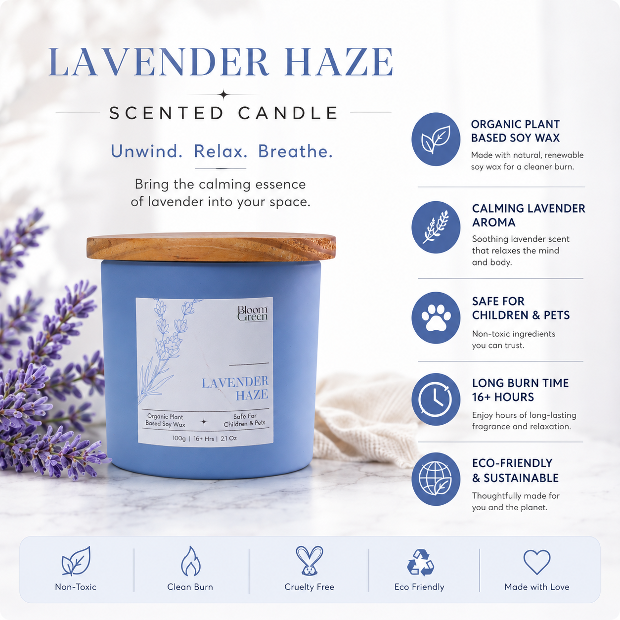 Lavender Scented Candle 100gm – Relaxing Aromatherapy Soy Wax Candle | Long Lasting Floral Home Fragrance Candle by Bloom Green