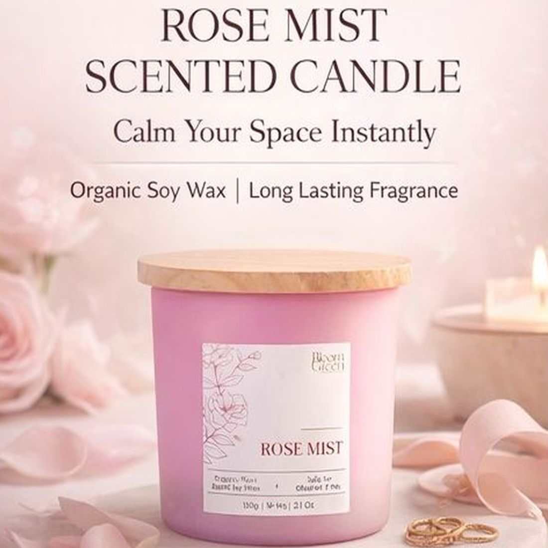 Rose Scented Candle 100gm – Luxury Floral Aromatherapy Candle | Long Lasting Romantic Home Fragrance Candle by Bloom Green