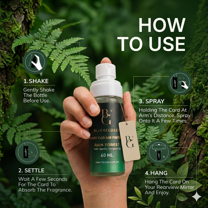 Rain Forest Car Spray 60ml – Fresh Aqua Woody Car Perfume Spray | Long Lasting Luxury Car Air Freshener by Bloom Green