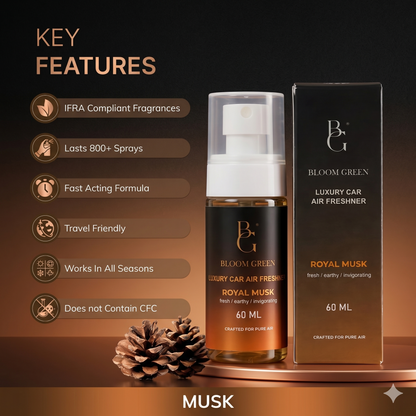 Royal Musk Car Spray 60ml – Luxury Musk Car Perfume Spray | Long Lasting Premium Car Air Freshener by Bloom Green
