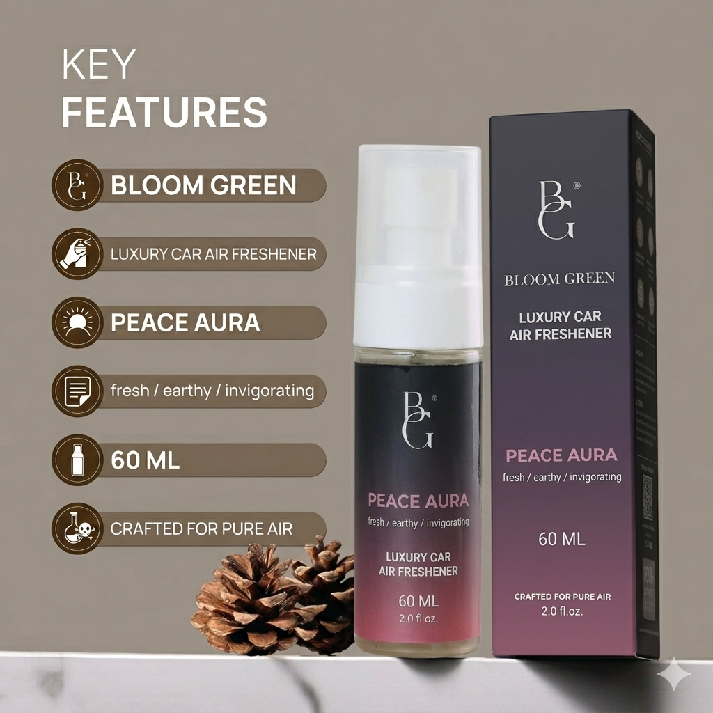 Peace Aura Car Spray 60ml – Calming Luxury Car Perfume Spray | Long Lasting Fresh Floral Woody Air Freshener by Bloom Green