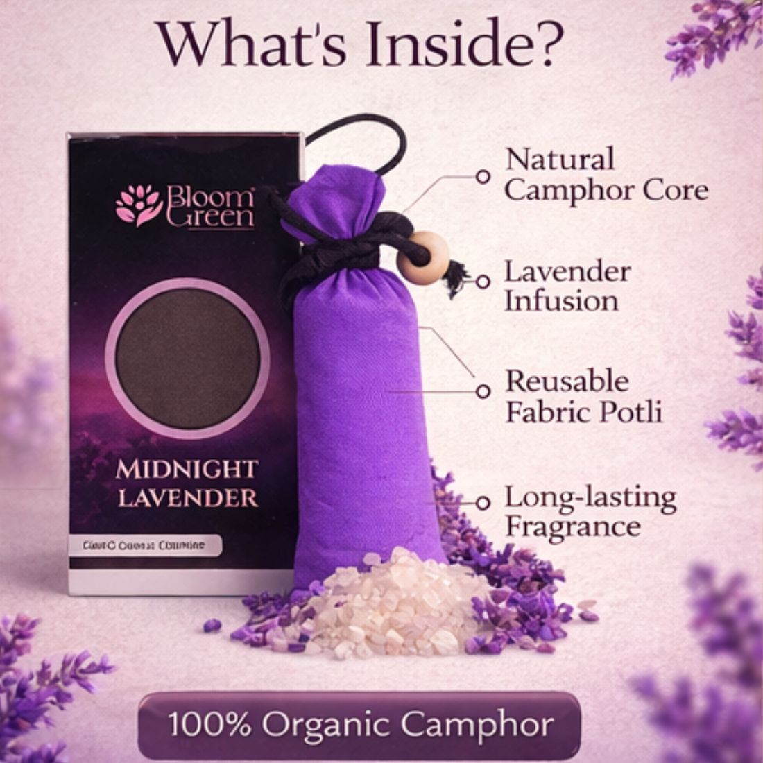 Lavender Camphor Cone 60gm – Natural Camphor Air Freshener Cones with Calming Lavender Aroma | Long Lasting Home & Prayer Room Freshener by Bloom Green