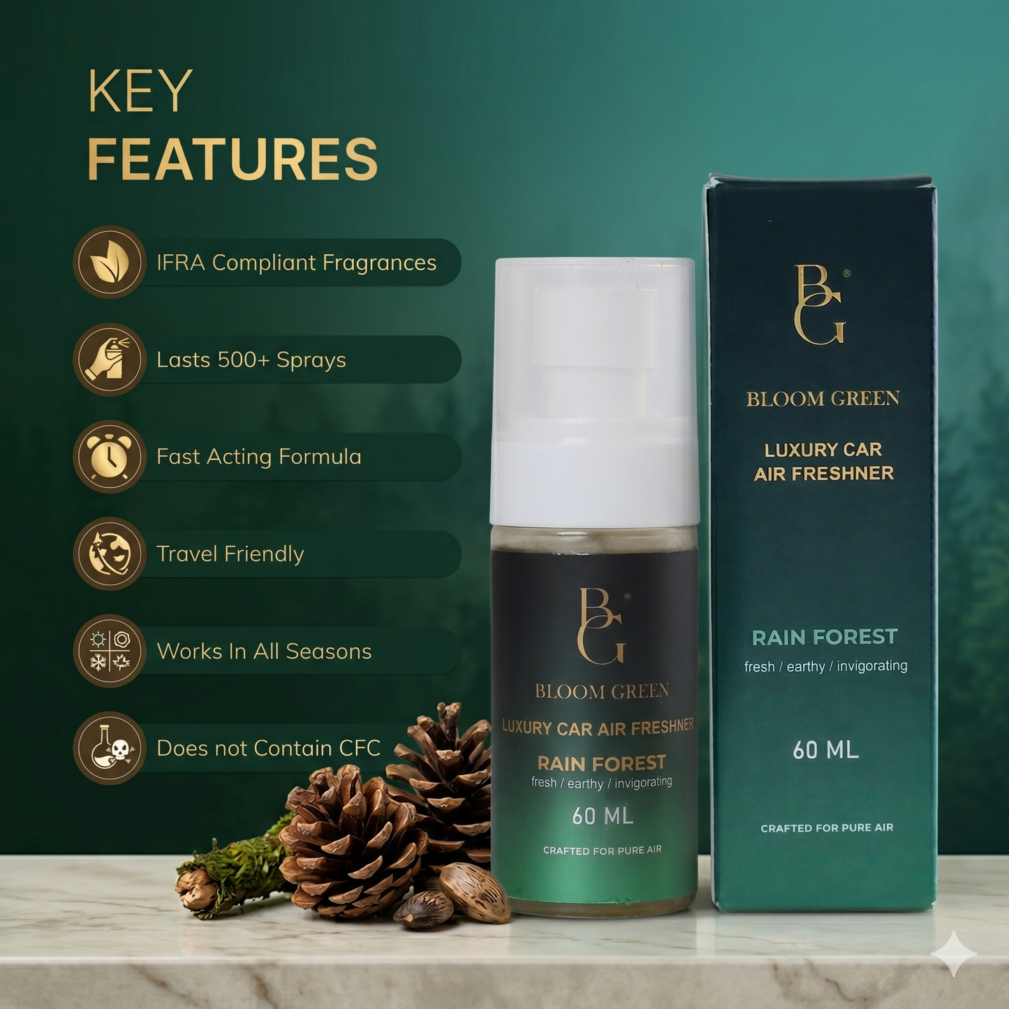 Rain Forest Car Spray 60ml – Fresh Aqua Woody Car Perfume Spray | Long Lasting Luxury Car Air Freshener by Bloom Green