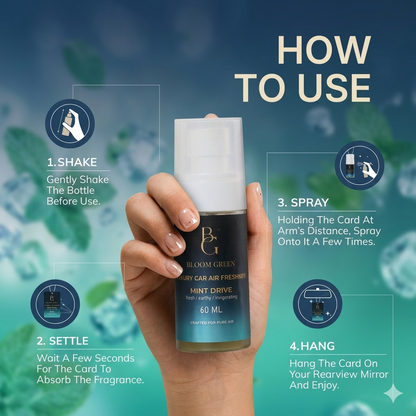 Mint Drive Car Spray 60ml – Refreshing Mint Car Perfume Spray | Long Lasting Cool Fresh Car Air Freshener by Bloom Green