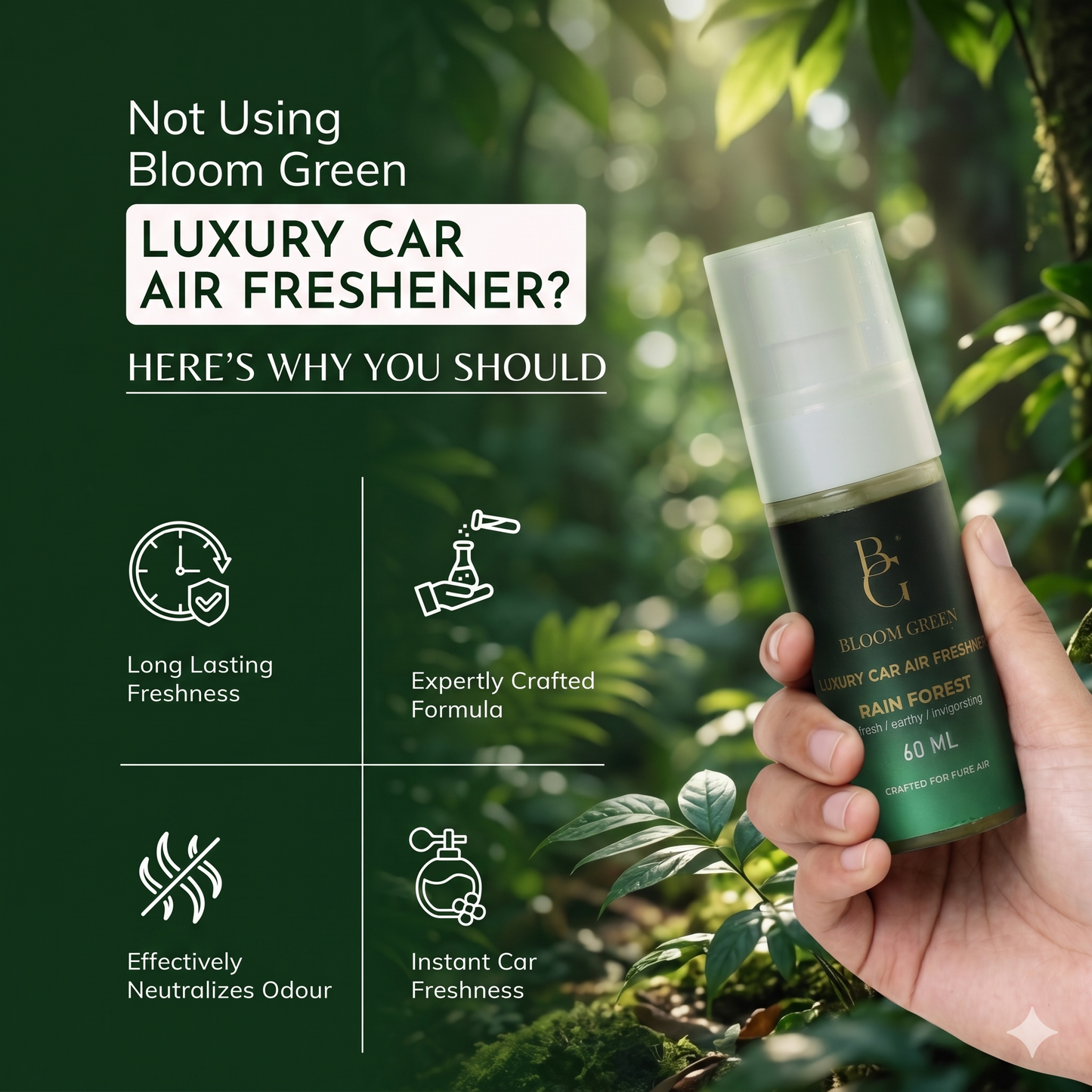 Rain Forest Car Spray 60ml – Fresh Aqua Woody Car Perfume Spray | Long Lasting Luxury Car Air Freshener by Bloom Green