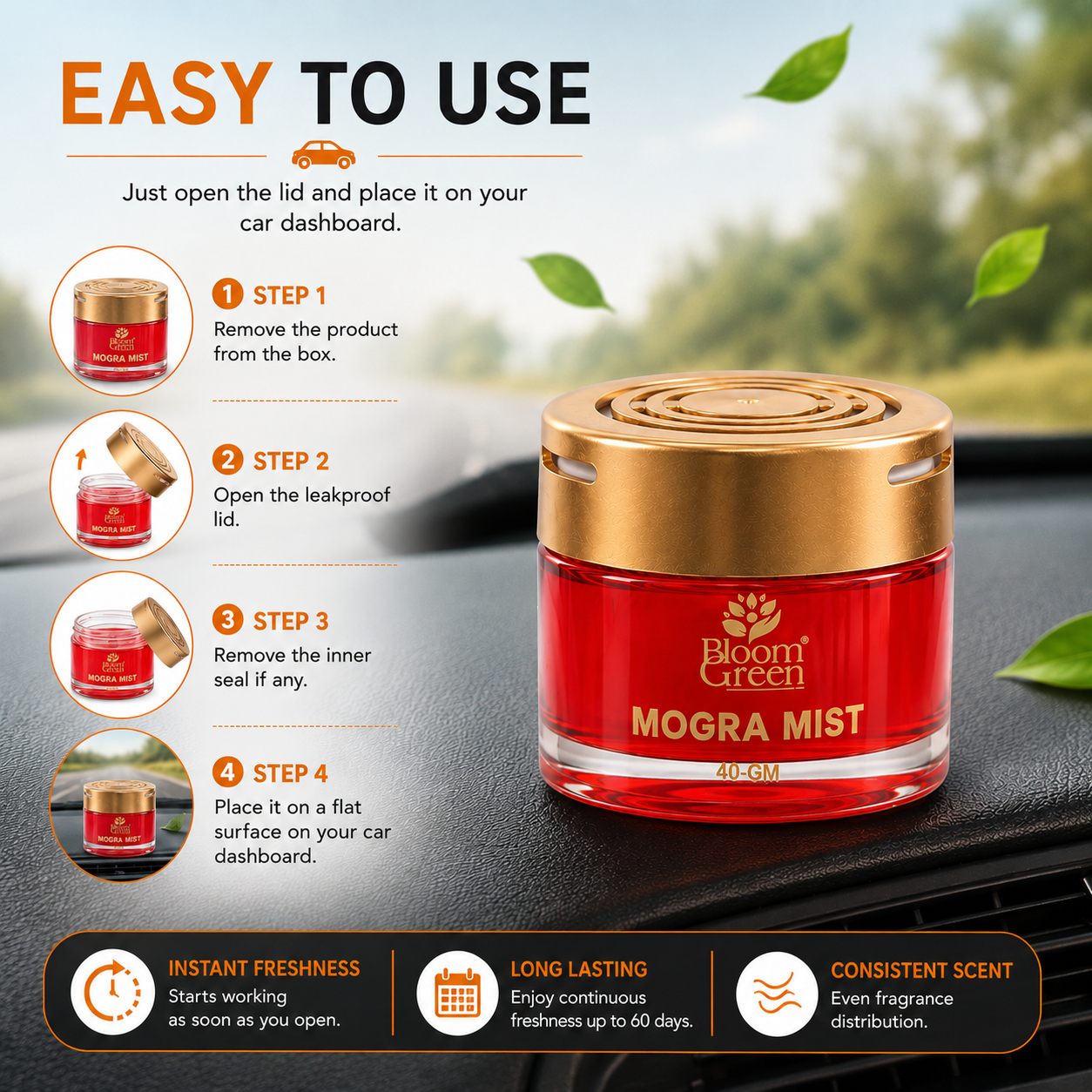 Mogra Mist Car Gel Freshener 40gm – Natural Floral Car Perfume Gel | Long Lasting Jasmine Fragrance Dashboard Air Freshener by Bloom Green