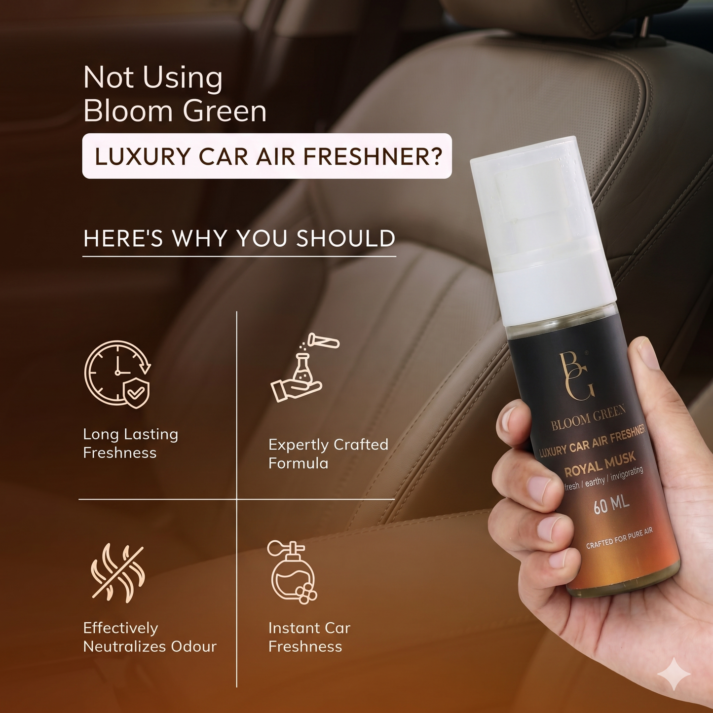 Royal Musk Car Spray 60ml – Luxury Musk Car Perfume Spray | Long Lasting Premium Car Air Freshener by Bloom Green