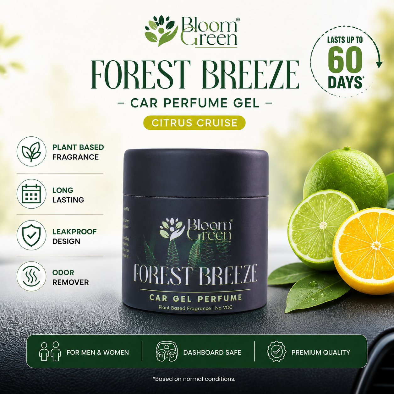 Forest Breeze Car Gel Freshener 40gm – Natural Woody Car Perfume Gel | Long Lasting Fresh Forest Dashboard Air Freshener by Bloom Green