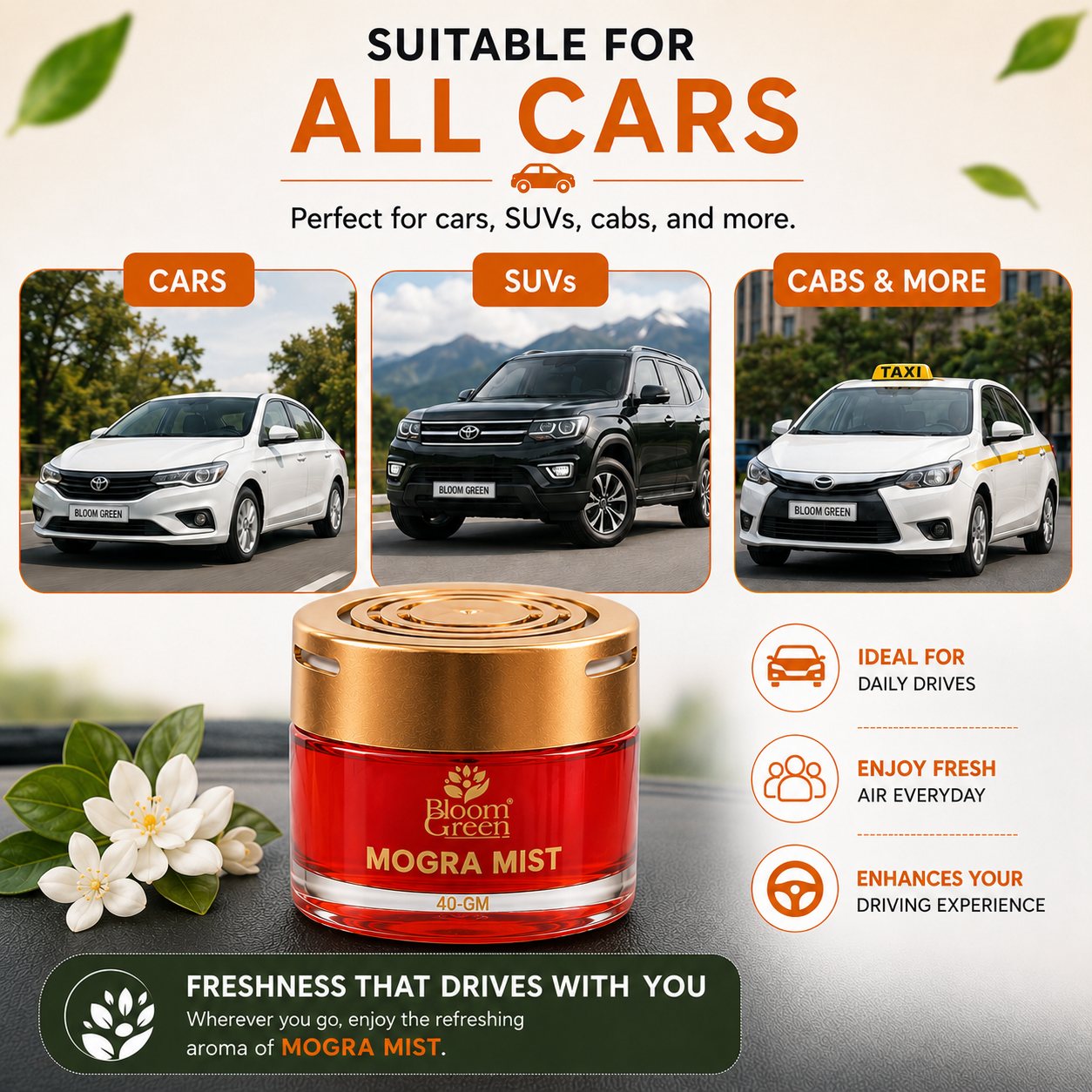 Mogra Mist Car Gel Freshener 40gm – Natural Floral Car Perfume Gel | Long Lasting Jasmine Fragrance Dashboard Air Freshener by Bloom Green