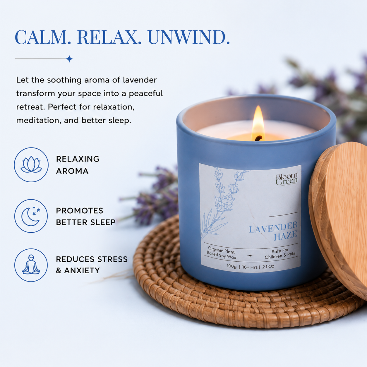 Lavender Scented Candle 100gm – Relaxing Aromatherapy Soy Wax Candle | Long Lasting Floral Home Fragrance Candle by Bloom Green