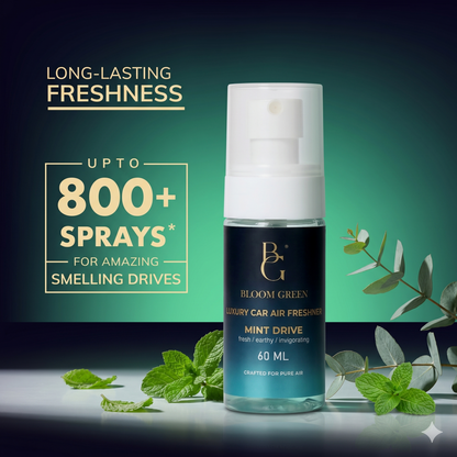 Mint Drive Car Spray 60ml – Refreshing Mint Car Perfume Spray | Long Lasting Cool Fresh Car Air Freshener by Bloom Green