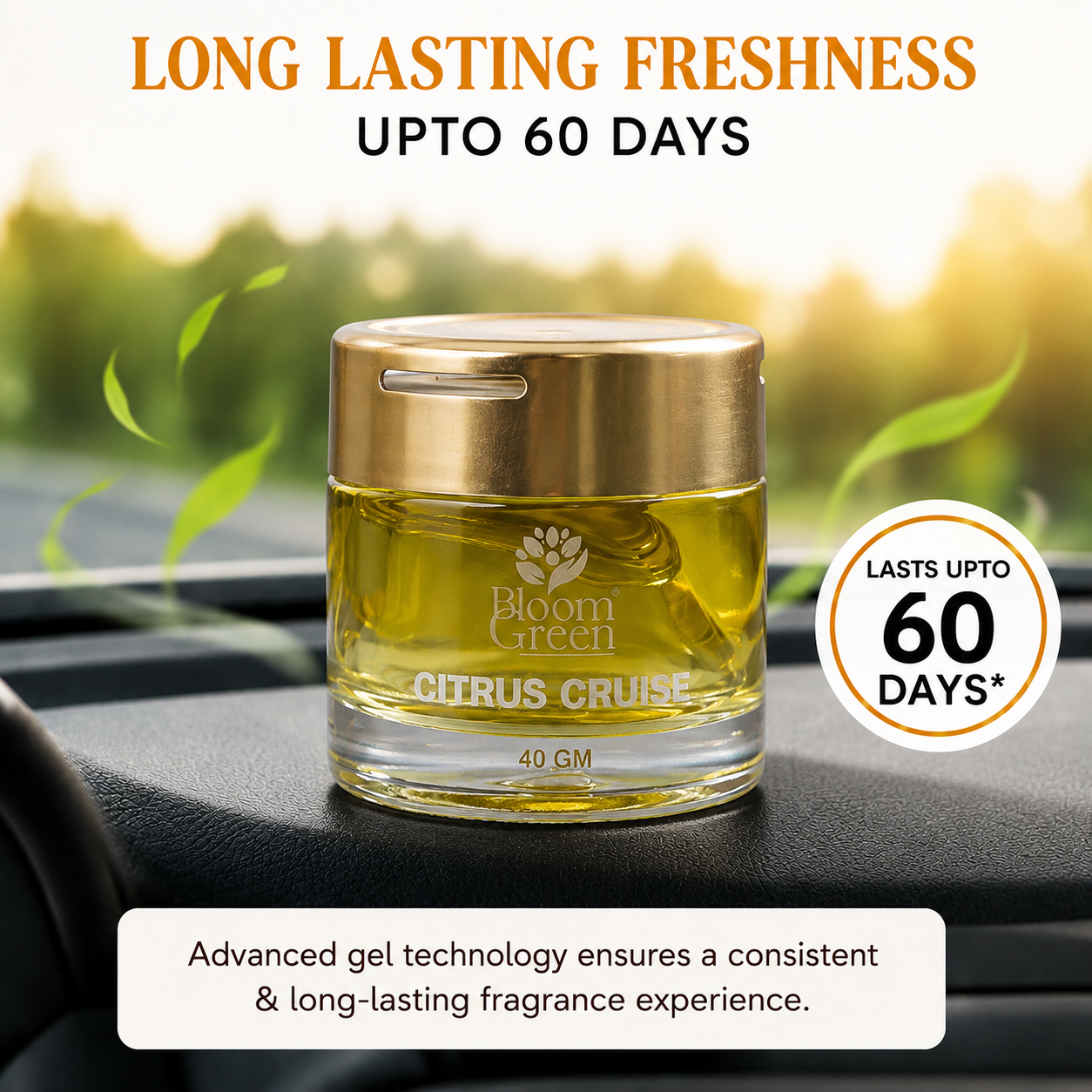Citrus Cruise Car Gel Freshener 40gm – Natural Citrus Car Perfume Gel | Long Lasting Plant-Based Dashboard Air Freshener by Bloom Green
