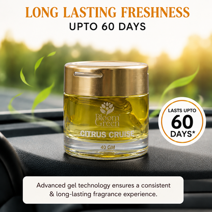 Citrus Cruise Car Gel Freshener 40gm – Natural Citrus Car Perfume Gel | Long Lasting Plant-Based Dashboard Air Freshener by Bloom Green