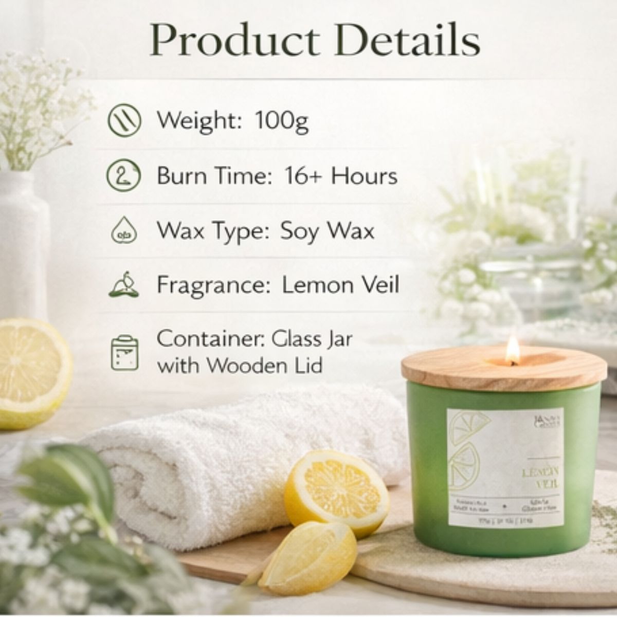 Lemongrass Scented Candle 100gm – Refreshing Citrus Aromatherapy Candle | Long Lasting Home Fragrance Candle by Bloom Green