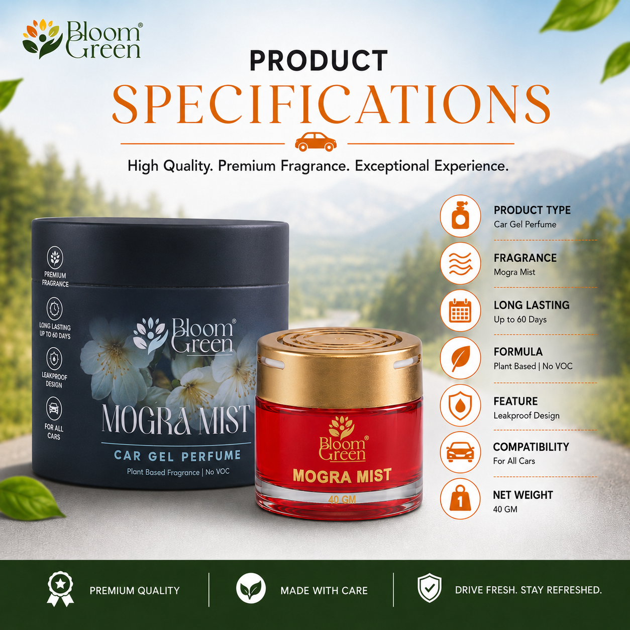 Mogra Mist Car Gel Freshener 40gm – Natural Floral Car Perfume Gel | Long Lasting Jasmine Fragrance Dashboard Air Freshener by Bloom Green