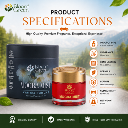 Mogra Mist Car Gel Freshener 40gm – Natural Floral Car Perfume Gel | Long Lasting Jasmine Fragrance Dashboard Air Freshener by Bloom Green