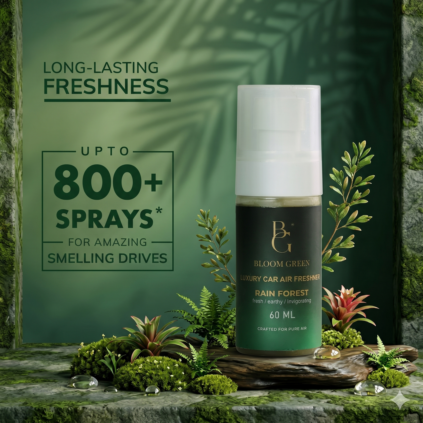 Rain Forest Car Spray 60ml – Fresh Aqua Woody Car Perfume Spray | Long Lasting Luxury Car Air Freshener by Bloom Green