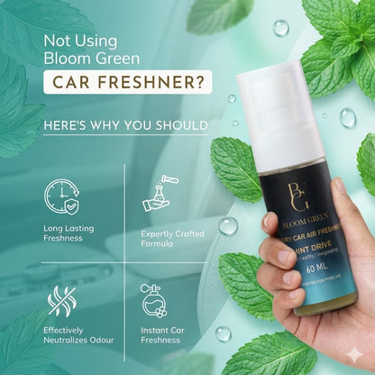 Mint Drive Car Spray 60ml – Refreshing Mint Car Perfume Spray | Long Lasting Cool Fresh Car Air Freshener by Bloom Green