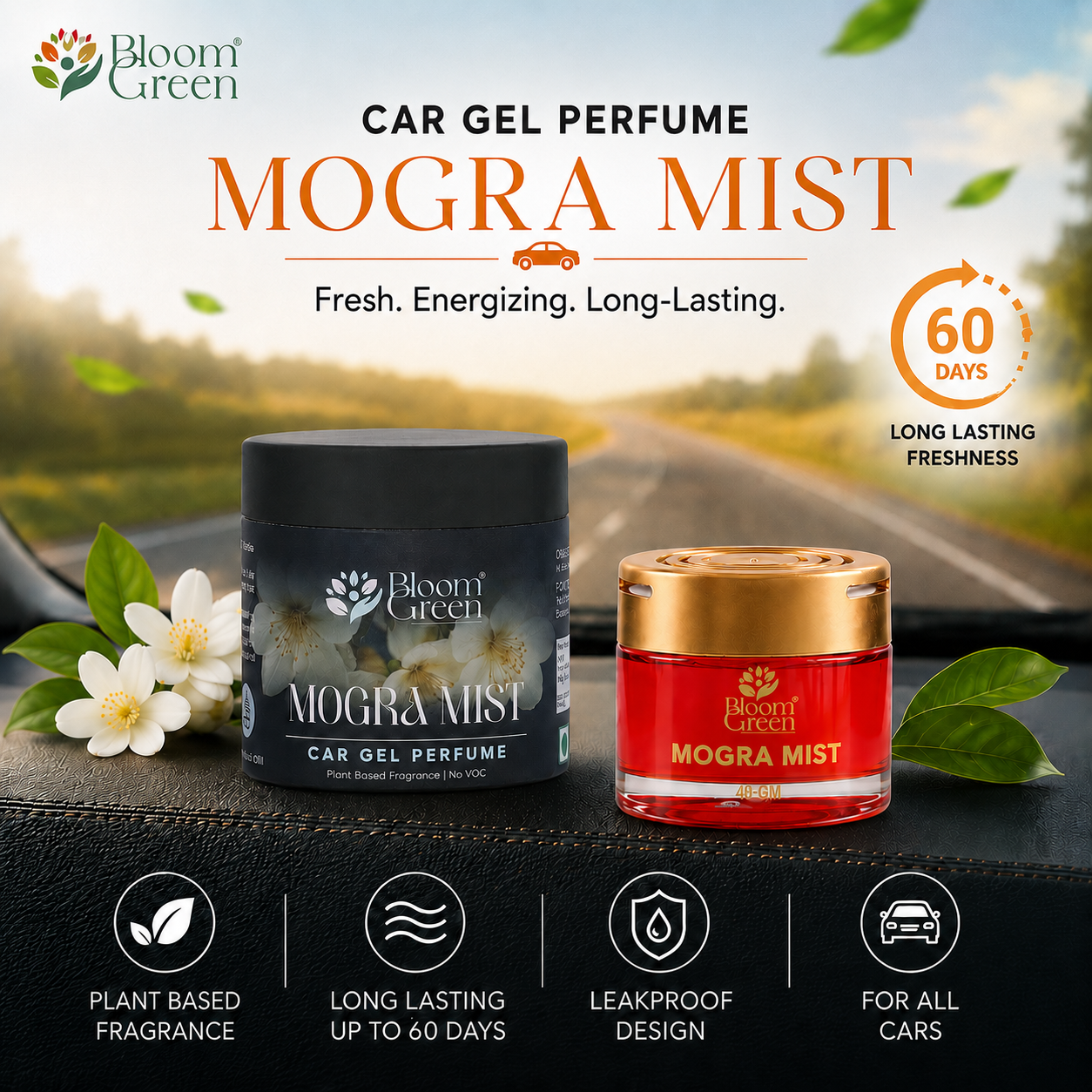 Mogra Mist Car Gel Freshener 40gm – Natural Floral Car Perfume Gel | Long Lasting Jasmine Fragrance Dashboard Air Freshener by Bloom Green