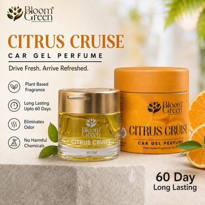 Citrus Cruise Car Gel Freshener 40gm – Natural Citrus Car Perfume Gel | Long Lasting Plant-Based Dashboard Air Freshener by Bloom Green
