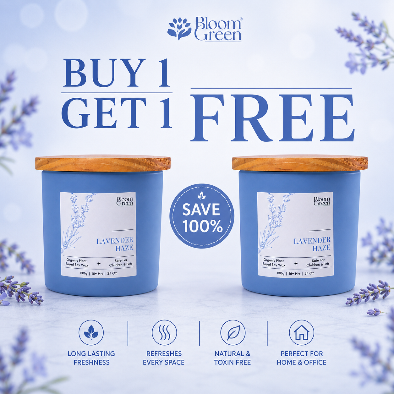 Buy Lavender Haze Soy Wax Candle 100g & Get 1 Free | Bloom Green Buy 1 Get 1 Offer