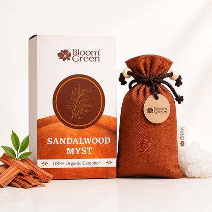 Sandalwood Camphor Cone 60gm – Natural Camphor Air Freshener Cones with Sacred Sandalwood Aroma | Long Lasting Home & Prayer Room Freshener by Bloom Green
