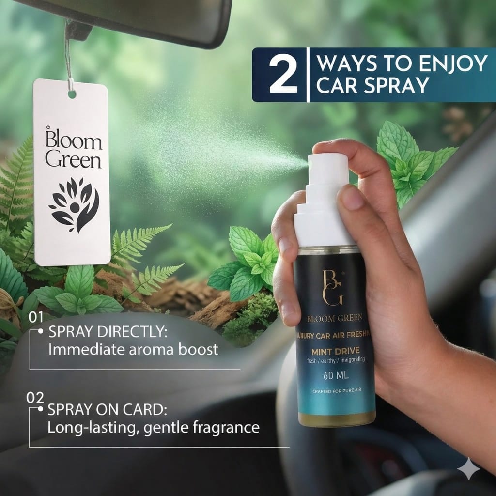 Mint Drive Car Spray 60ml – Refreshing Mint Car Perfume Spray | Long Lasting Cool Fresh Car Air Freshener by Bloom Green